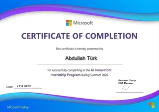 Microsoft Türkiye certificate of completion for the AI Innovators Internship Program, awarded to Abdullah Türk